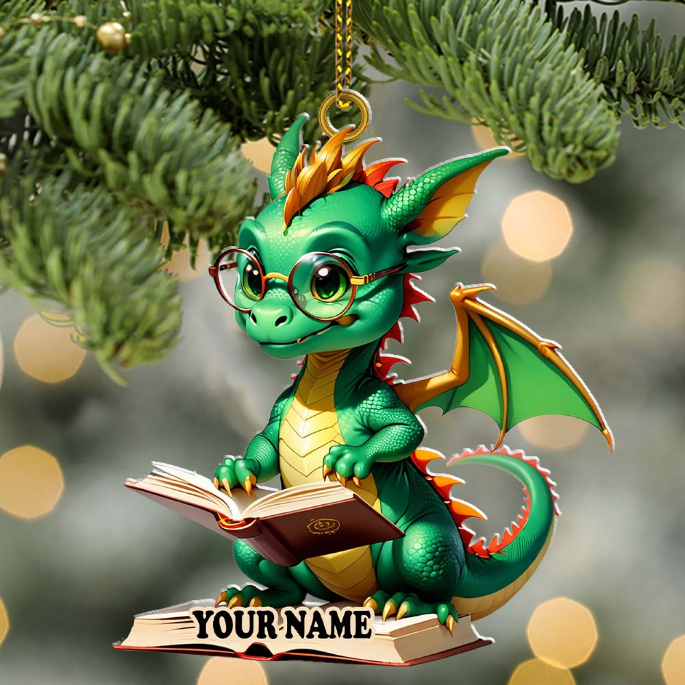 Custom Name Dragon Reading Books Ornament, Christmas Gift for Book Lover