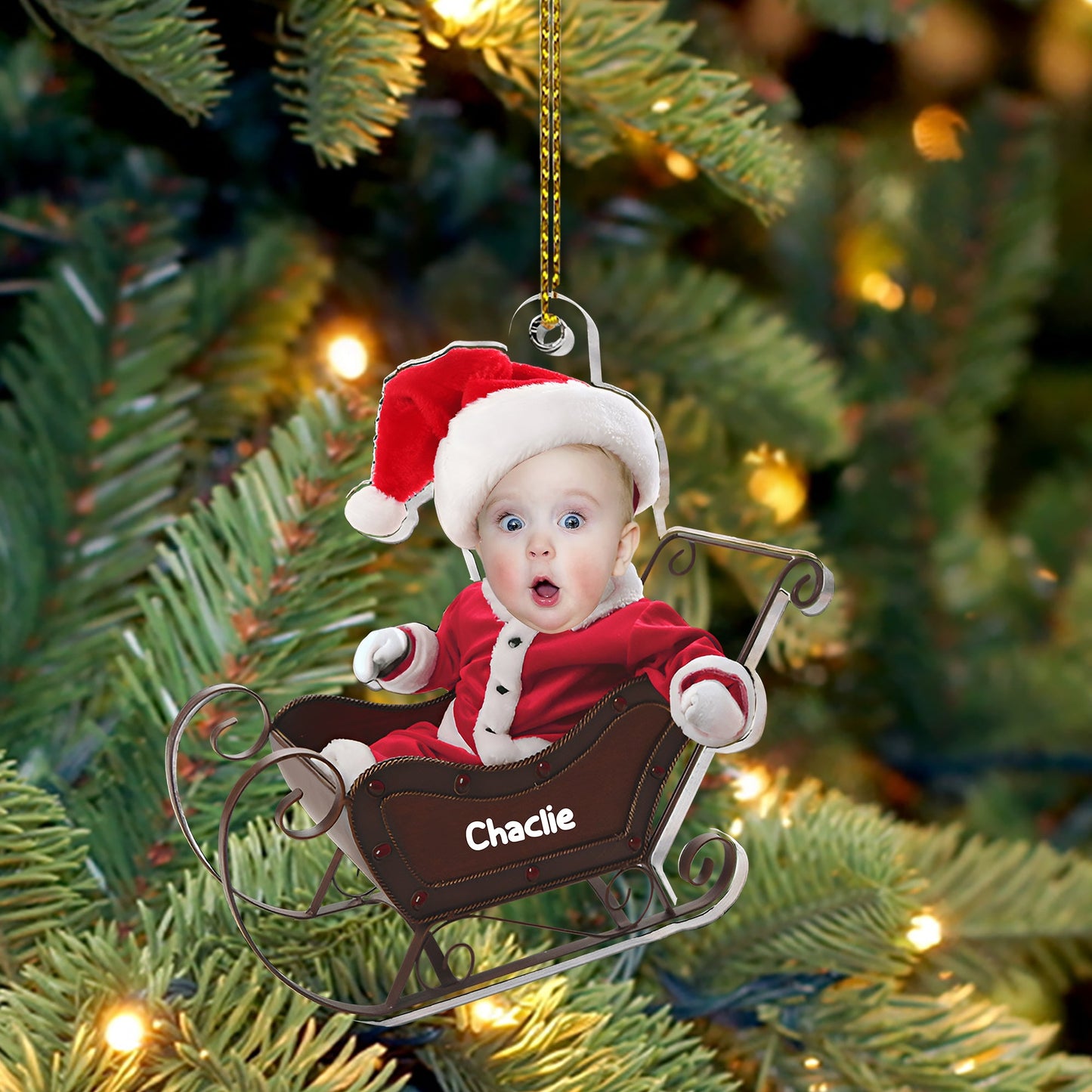 Baby In Christmas Sleigh - Custom Photo And Name, Personalized Acrylic Ornament - Gift For Christmas, Family Gift