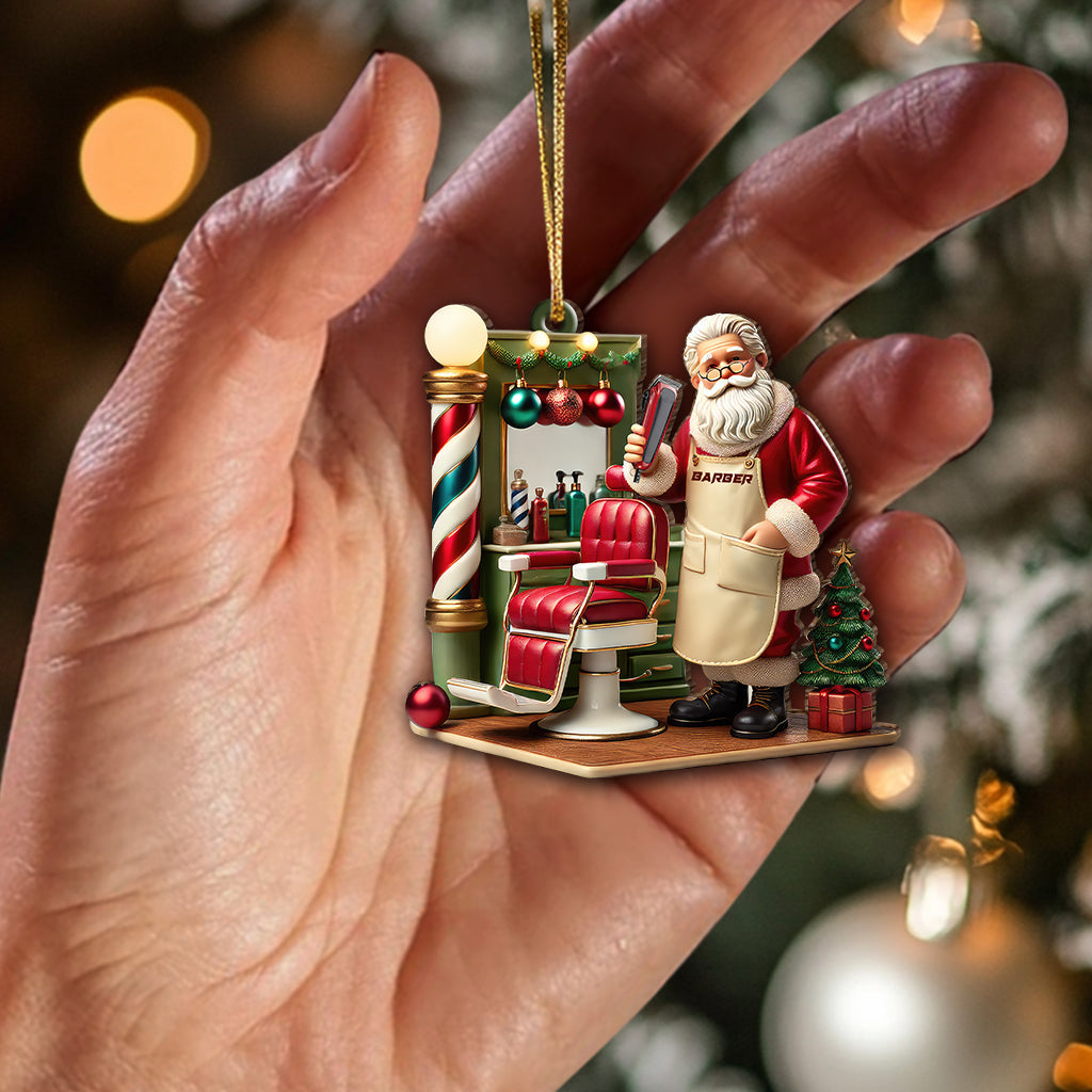 Custom Name Santa Barber Ornament, Christmas Decoration for Barber Shop
