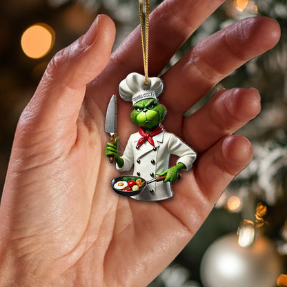 Custom Name Chef Grinch Ornament, Christmas Gift for Cooking Lover