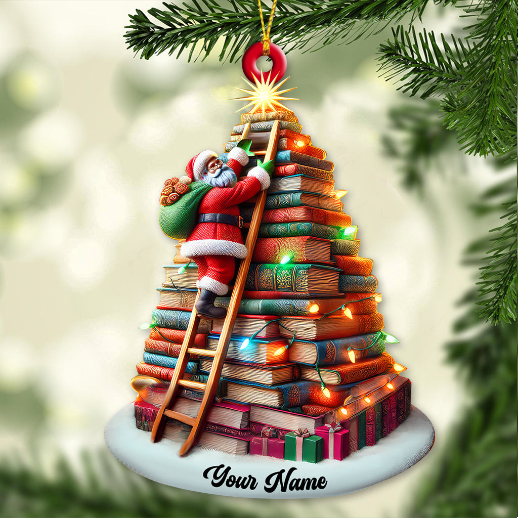 Custom Name Santa Book Tree Ornament, Christmas Gift for Book Lover