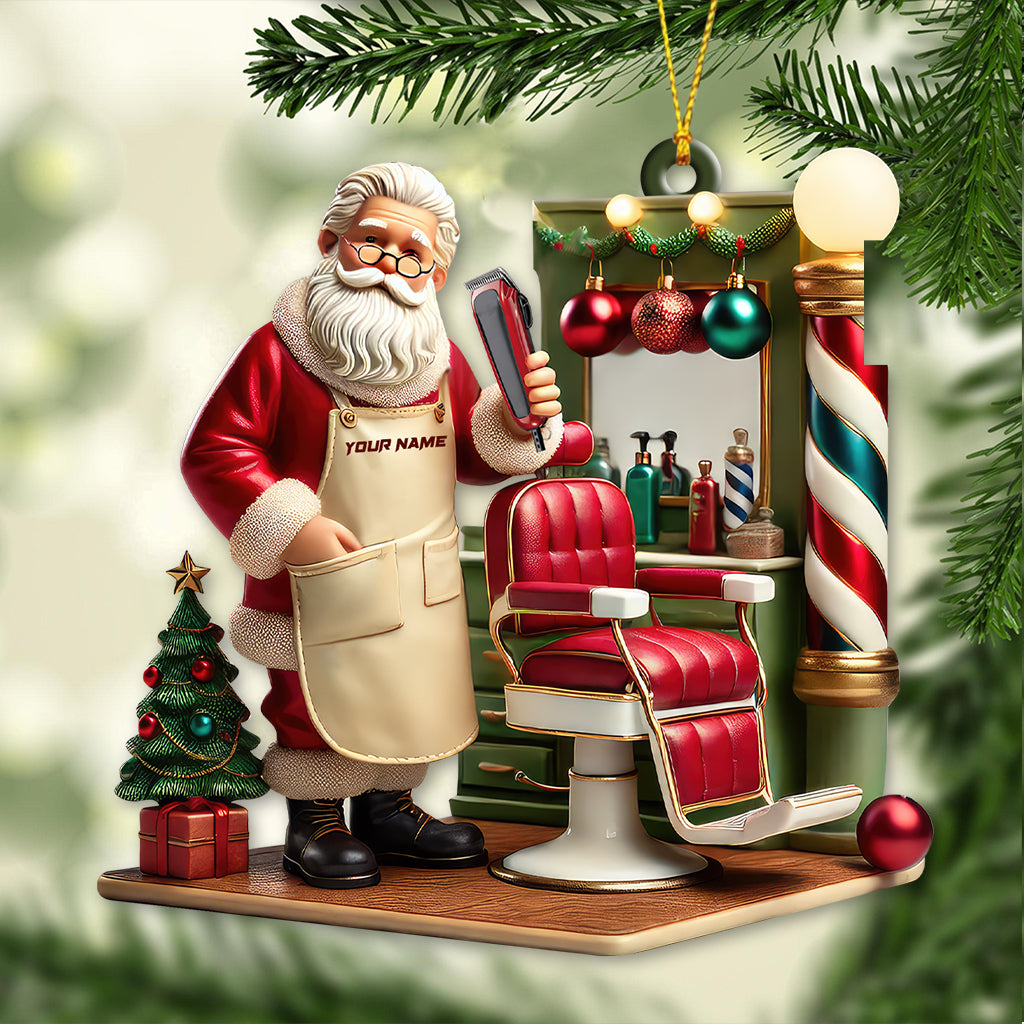 Custom Name Santa Barber Ornament, Christmas Decoration for Barber Shop