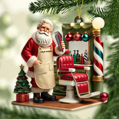 Custom Name Santa Barber Ornament, Christmas Decoration for Barber Shop