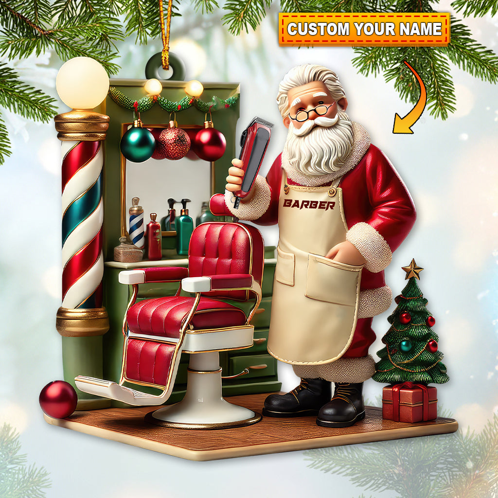 Custom Name Santa Barber Ornament, Christmas Decoration for Barber Shop