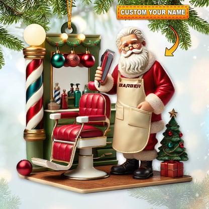 Custom Name Santa Barber Ornament, Christmas Decoration for Barber Shop