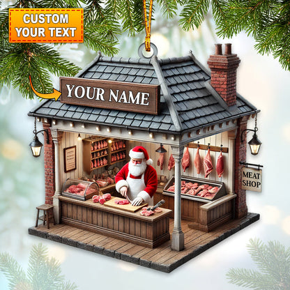 Custom Name Butcher Santa Ornament, Butcher Shop Christmas Decoration