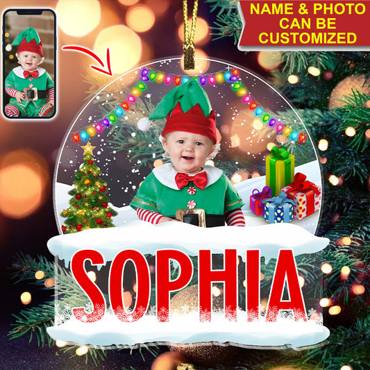 Baby And Snow - Custom Photo And Name, Personalized Acrylic Ornament - Gift For Christmas, Family Gift