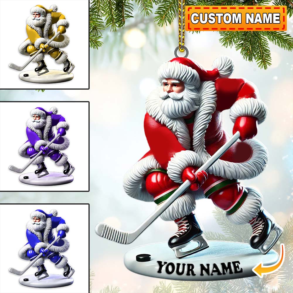 Custom Name Hockey Santa Ornament, Hockey Lover Christmas Gift