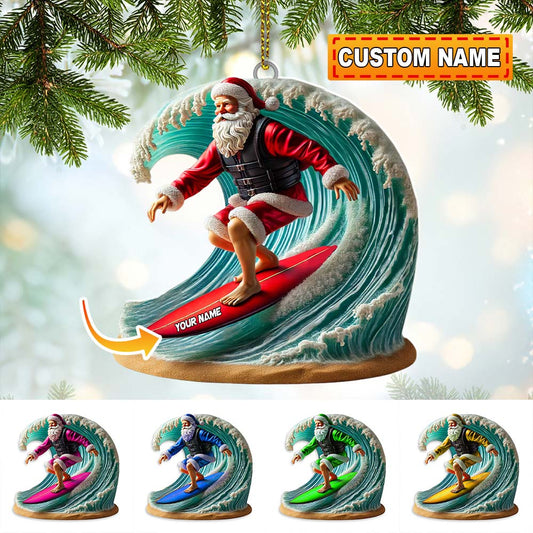 Custom Name Santa Surfing Ornament, Christmas Gift Decoration