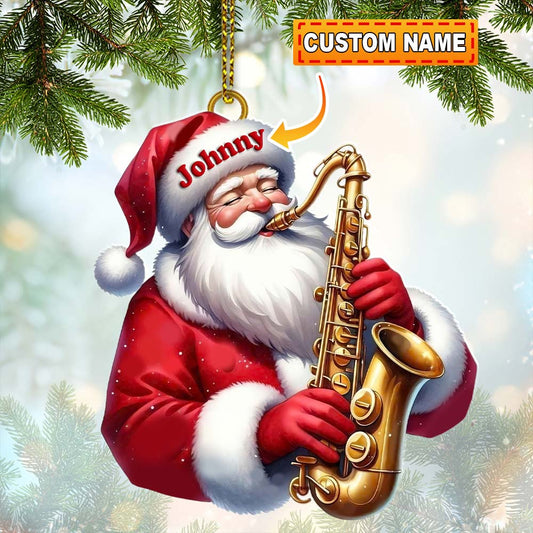 Custom Name Saxophone Santa Ornament, Saxophone Lover Christmas Gift