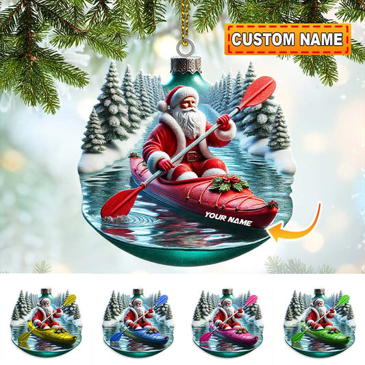 Custom Name Santa Kayaking Ornament, Christmas Gift Decoration
