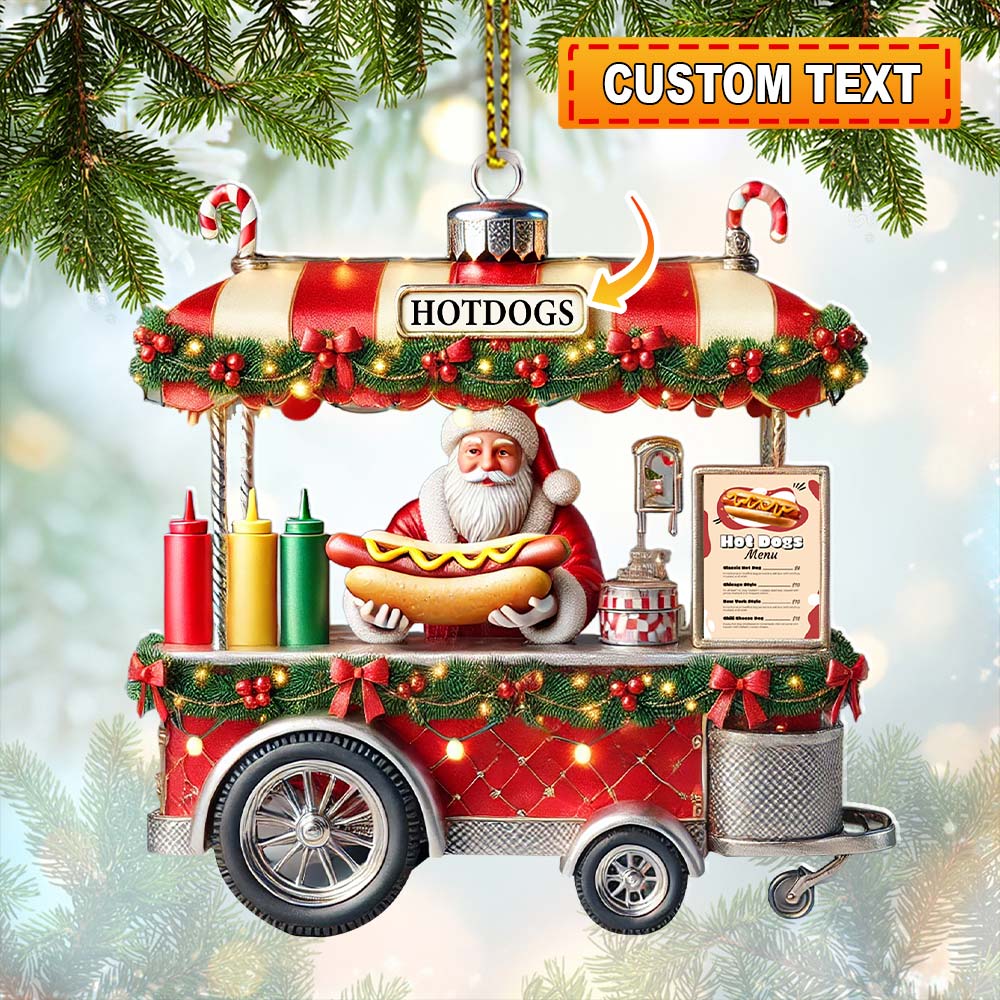Custom Name Hot Dog Shop Ornament, Hot Dog Santa Christmas Gift