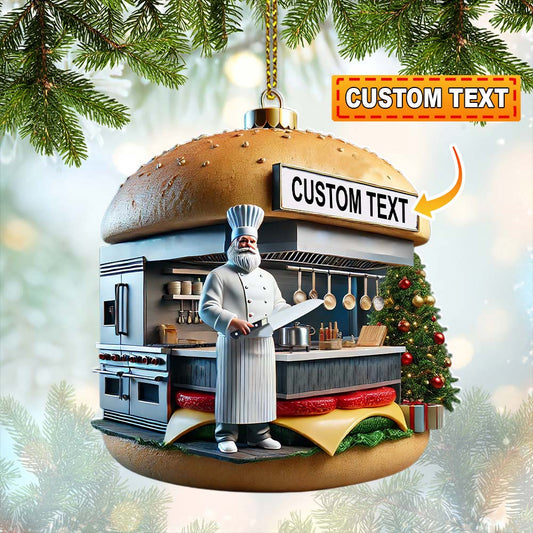 Custom Name Hamburger Shop Ornament, Hot Dog Santa Christmas Gift