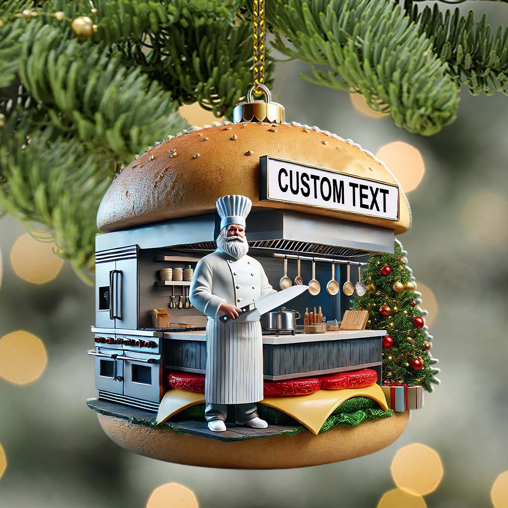 Custom Name Hamburger Shop Ornament, Hot Dog Santa Christmas Gift