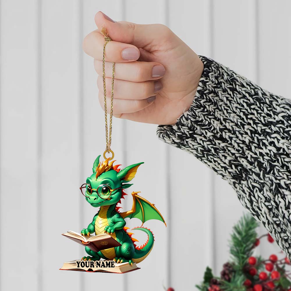 Custom Name Dragon Reading Books Ornament, Christmas Gift for Book Lover