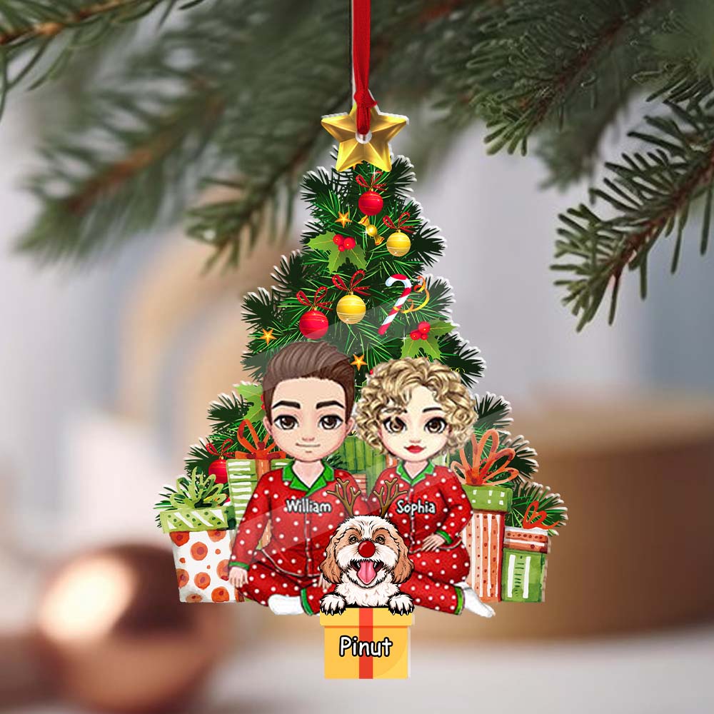 Christmas Couple Sitting With Pet, Custom Appearances And Names - Christmas Gift For Couple - Personalized Acrylic Ornament