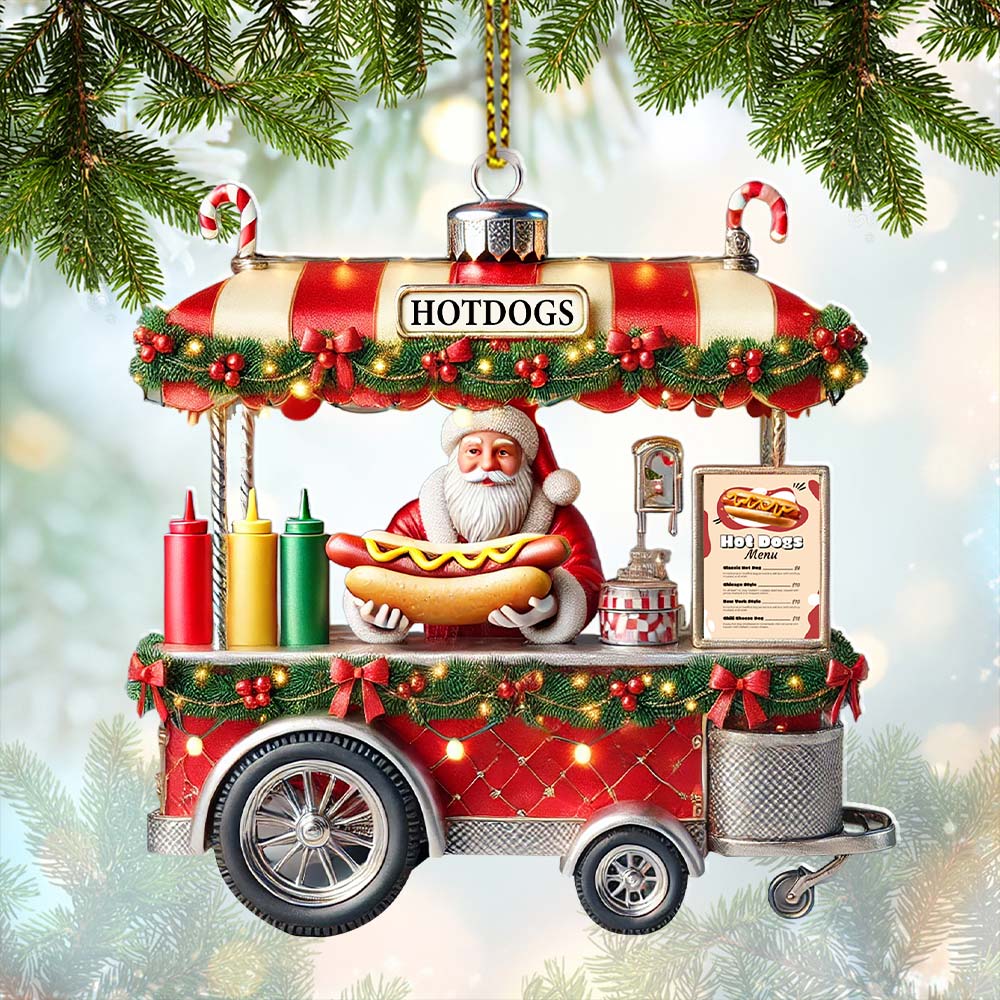 Custom Name Hot Dog Shop Ornament, Hot Dog Santa Christmas Gift
