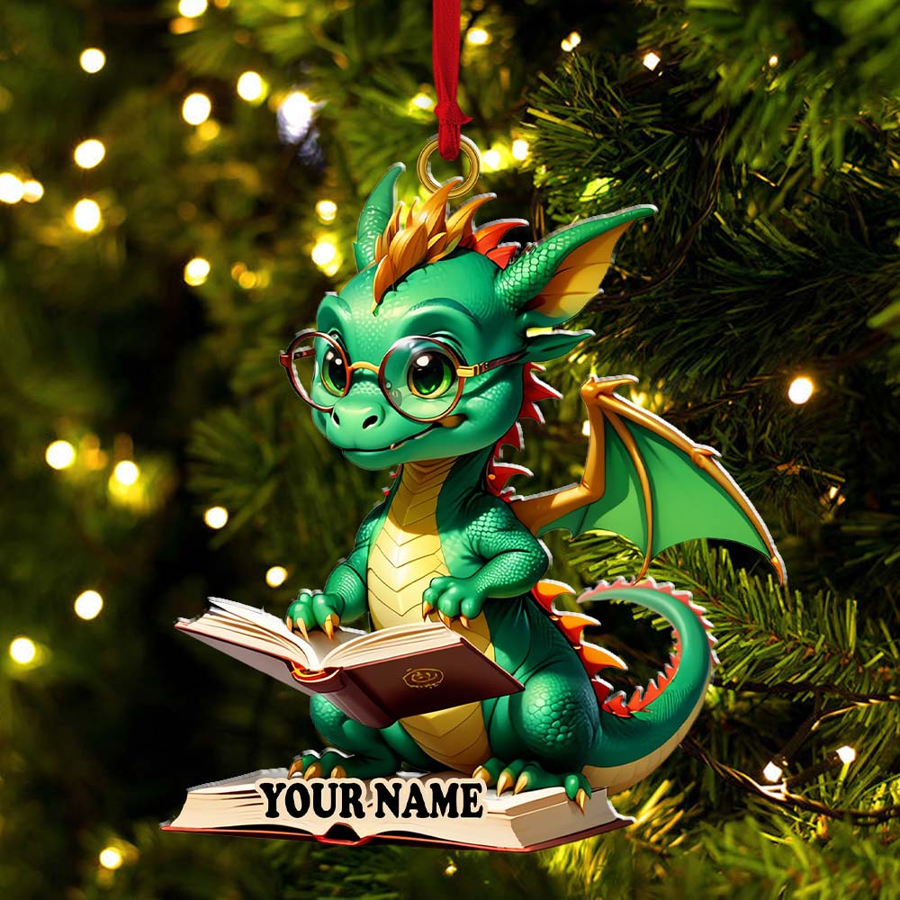 Custom Name Dragon Reading Books Ornament, Christmas Gift for Book Lover