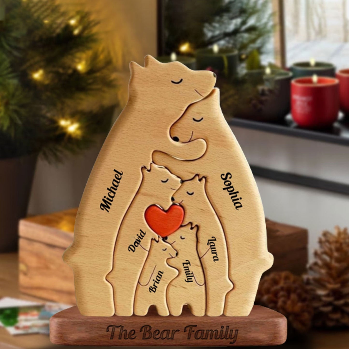Personalized Bear Family Puzzle Wooden Add Base - Wooden Pet Carvings, Gift For Family, Gift For Couple