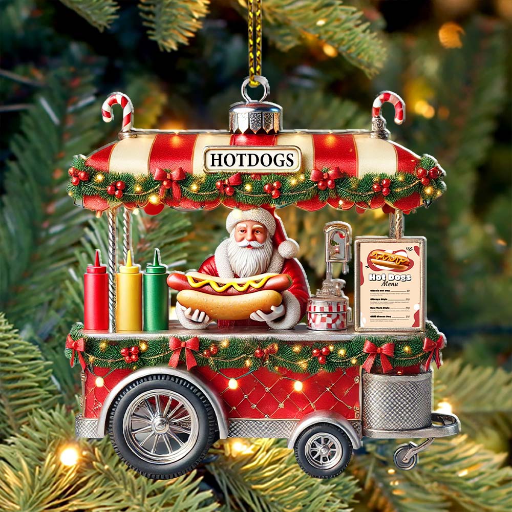 Custom Name Hot Dog Shop Ornament, Hot Dog Santa Christmas Gift