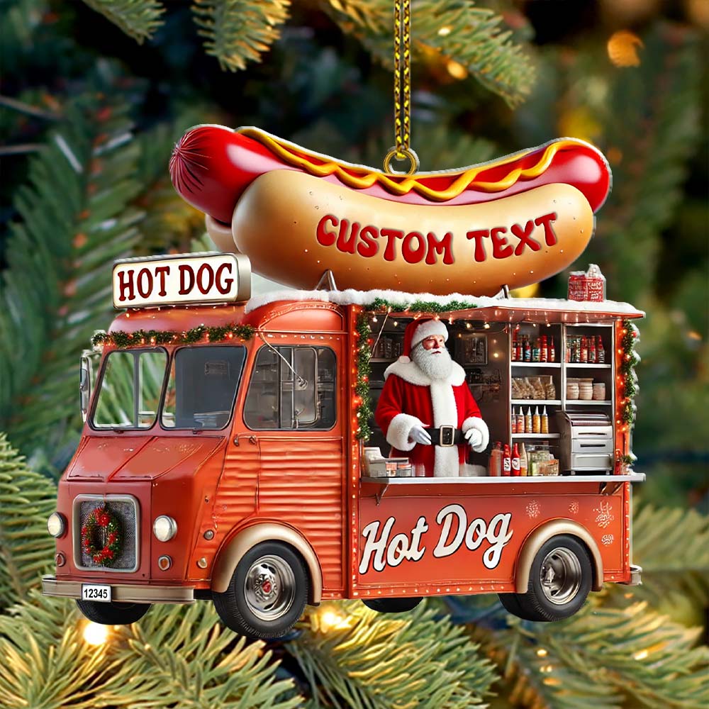 Custom Name Santa Hot Dog Ornament, Christmas Gift Decor