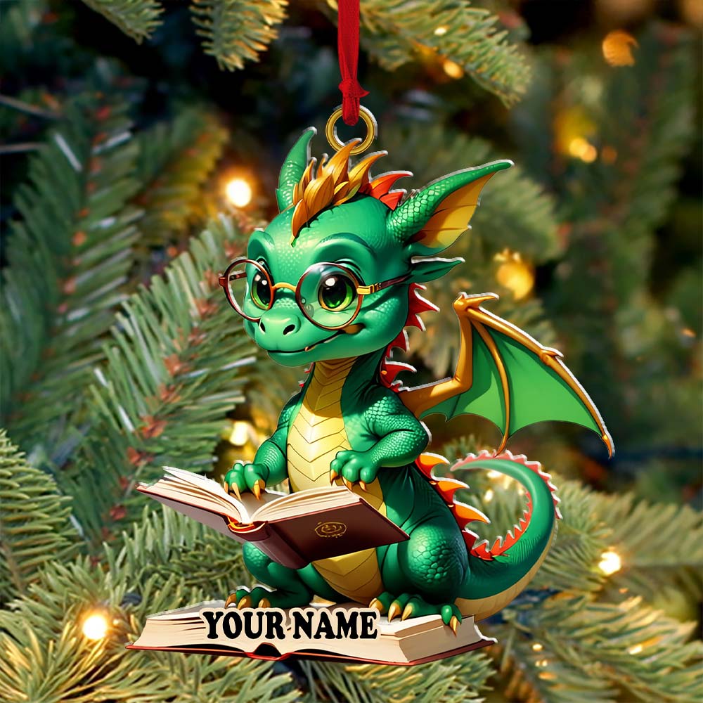 Custom Name Dragon Reading Books Ornament, Christmas Gift for Book Lover