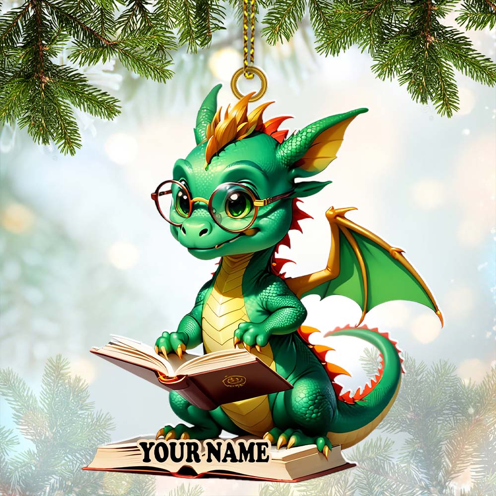 Custom Name Dragon Reading Books Ornament, Christmas Gift for Book Lover