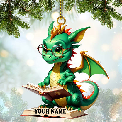 Custom Name Dragon Reading Books Ornament, Christmas Gift for Book Lover