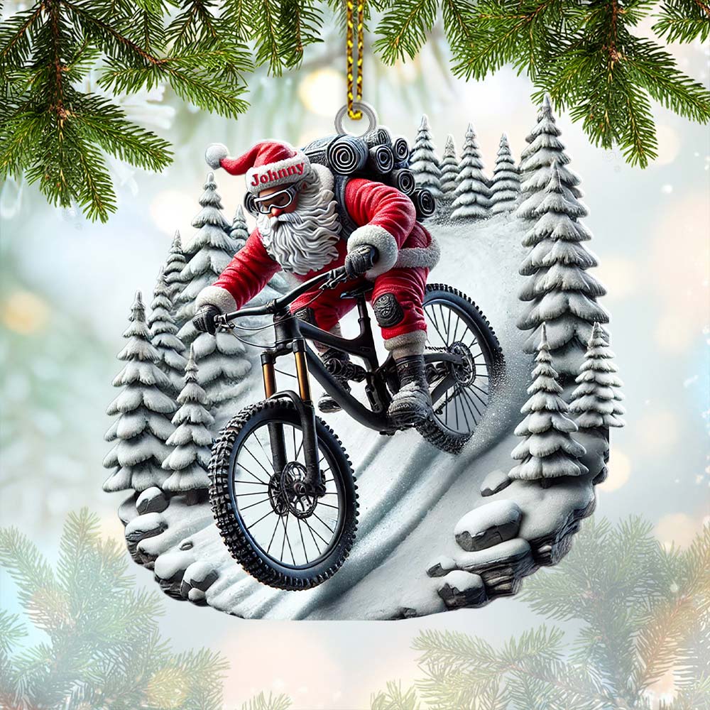 Custom Name Santa Mountain Bike Ornament, Christmas Gift for Mountain Bike Lover