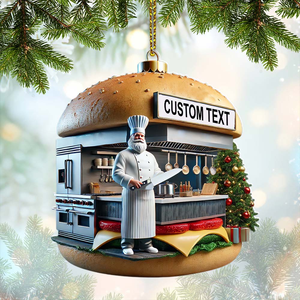 Custom Name Hamburger Shop Ornament, Hot Dog Santa Christmas Gift