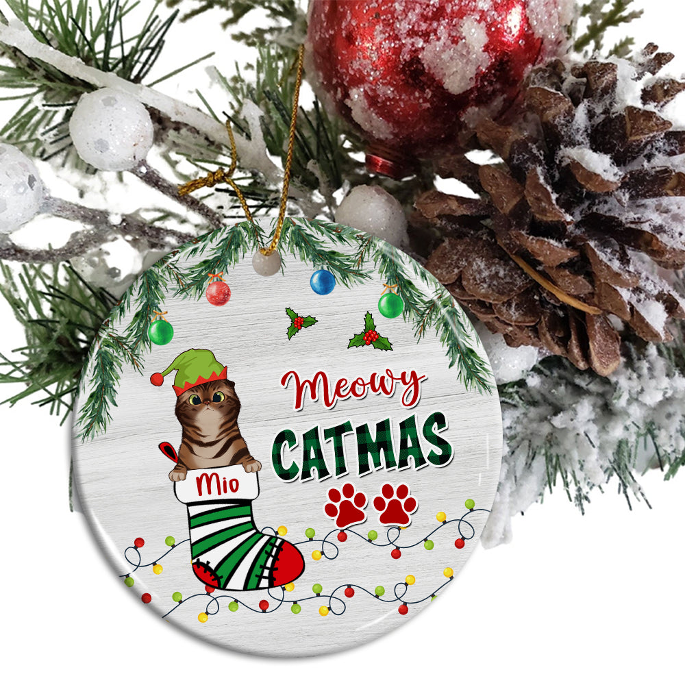 Meowy Catmas - Personalized Ceramic Ornament - Gift For Pet Lover, Christmas Gift